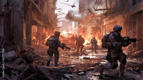 Depict an intense infantry assault scene, with soldiers advancing through a war - torn urban environment, facing enemy resistance, and utilizing cover and teamwork