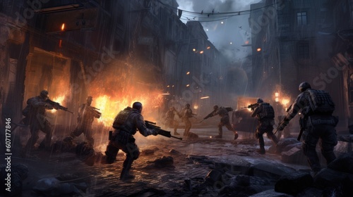 Depict an intense infantry assault scene, with soldiers advancing through a war - torn urban environment, facing enemy resistance, and utilizing cover and teamwork