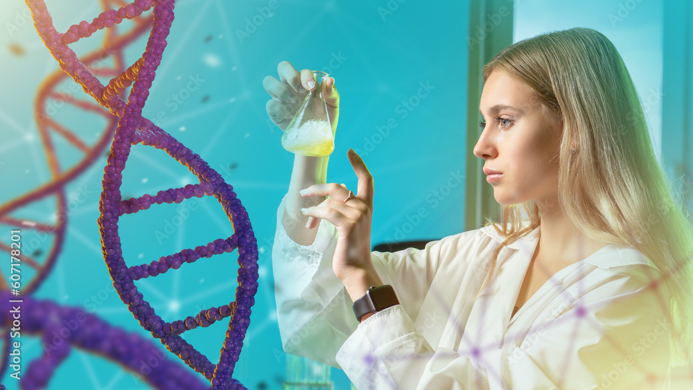 woman. DNA chain. Laboratory girl. Woman in clinic. Student is studying DNA and