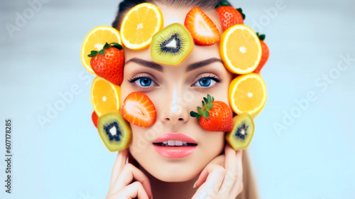 young woman with creative playful fruit composition on her face such as kiwi, orange and strawberry slices. Generative Ai. 
