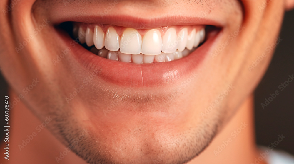 Fototapeta premium man showing his white teeth close-ups. Generative Ai. 