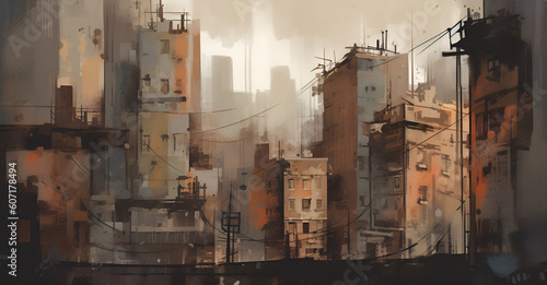 Neo-realism inspired background, featuring an abstract cityscape