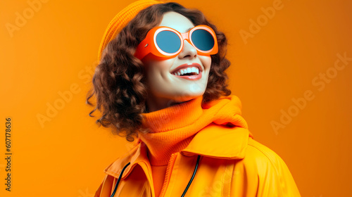 woman with sunglasses on orange background. Generative Ai. 