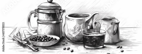 Coffee still life illustration  drawing in black and white colors  on a light background