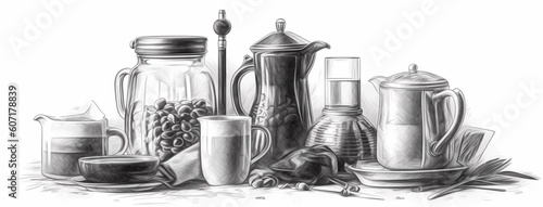 Coffee still life illustration, drawing in black and white colors, on a light background