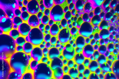 Neon bubbles are bright, colorful and iridescent bubbles glowing under black light - generative ai