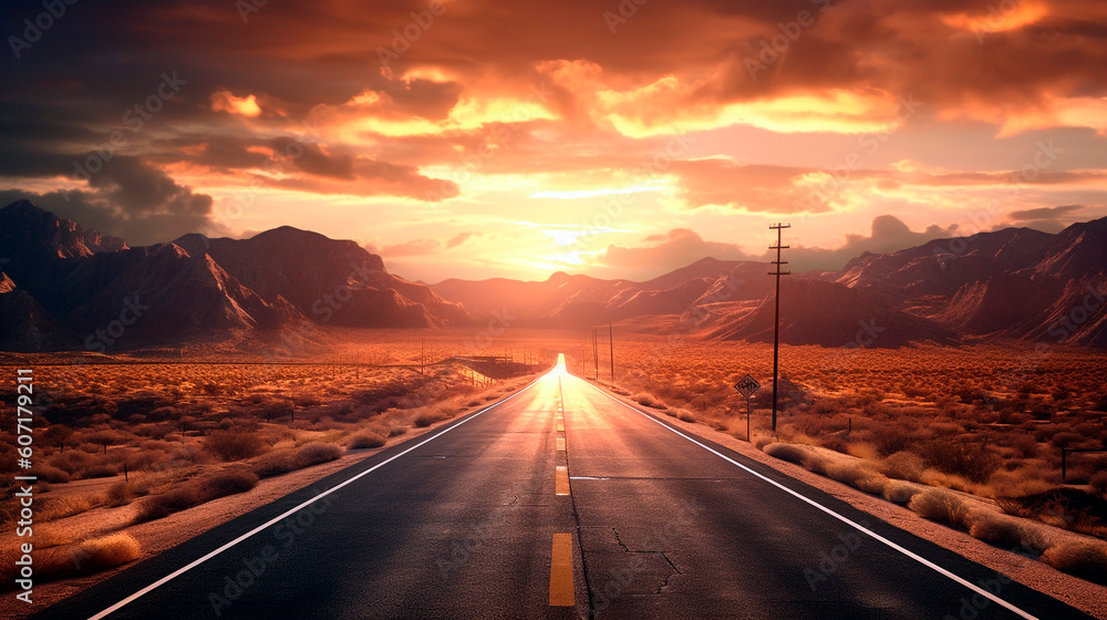 Highway Road in the mountains at sunset. Generative Ai. 
