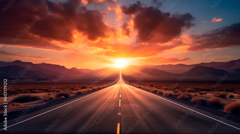 highway at sunset. Generative Ai. 