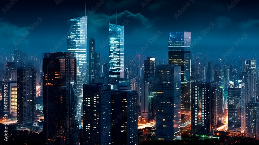 a city at night with skyscrapers and lights. Generative Ai. 