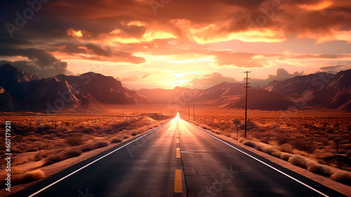Highway Road in the mountains at sunset. Generative Ai. 