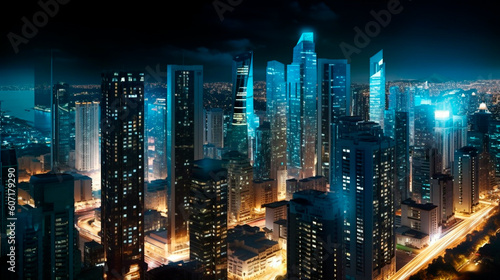 Night city view with many tall buildings. Generative Ai. 
