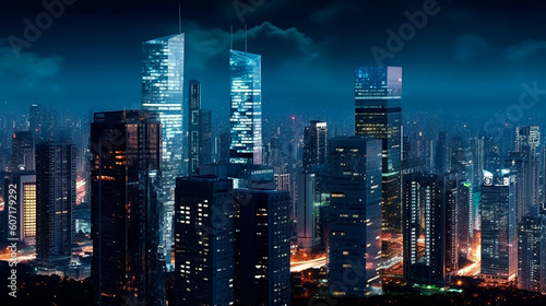 a city at night with skyscrapers and lights. Generative Ai.  © PETR BABKIN