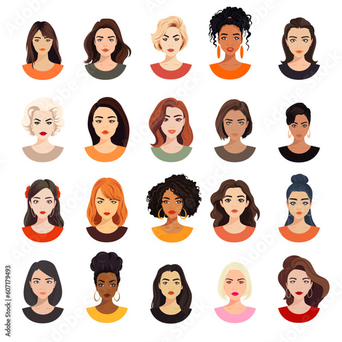 Vector Woman Avatar Set. Beautiful Young Girls Portrait Collection, Different Hairstyle. Female Expressing, Emotions, Different Nationalities. Cartoon Multiethnic Society in Flat Style. Front View