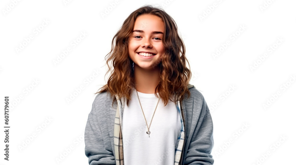 Girl in a white shirt and gray sweater smiling at the camera. Generative Ai. Girl in a white shirt and gray sweater smiling at the camera. Generative Ai.