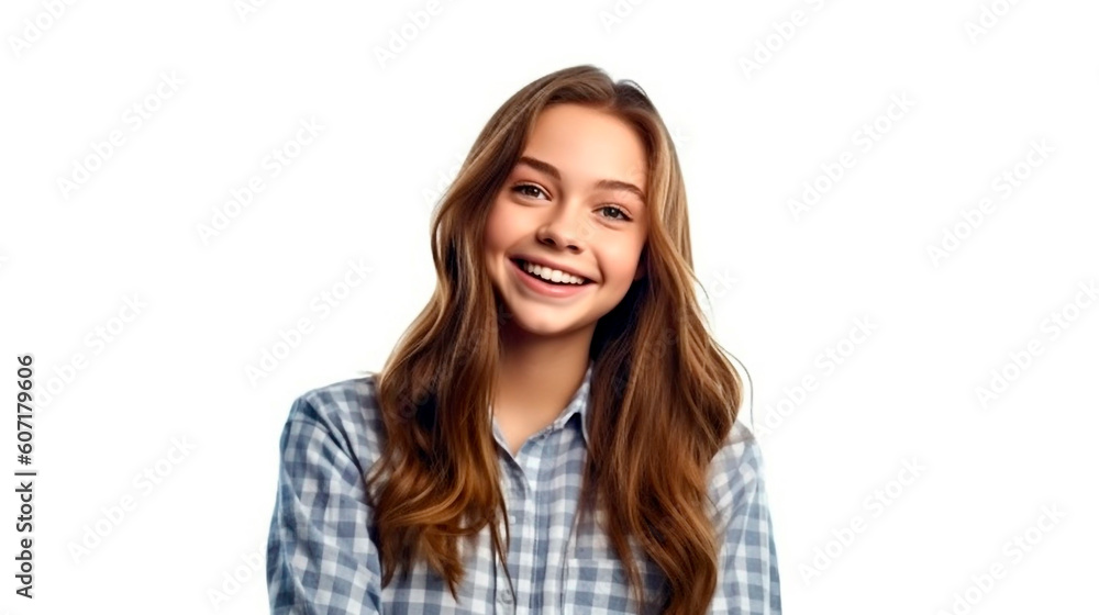 Young woman with long brown hair in a plaid shirt. Generative Ai. Young woman with long brown hair in a plaid shirt. Generative Ai.