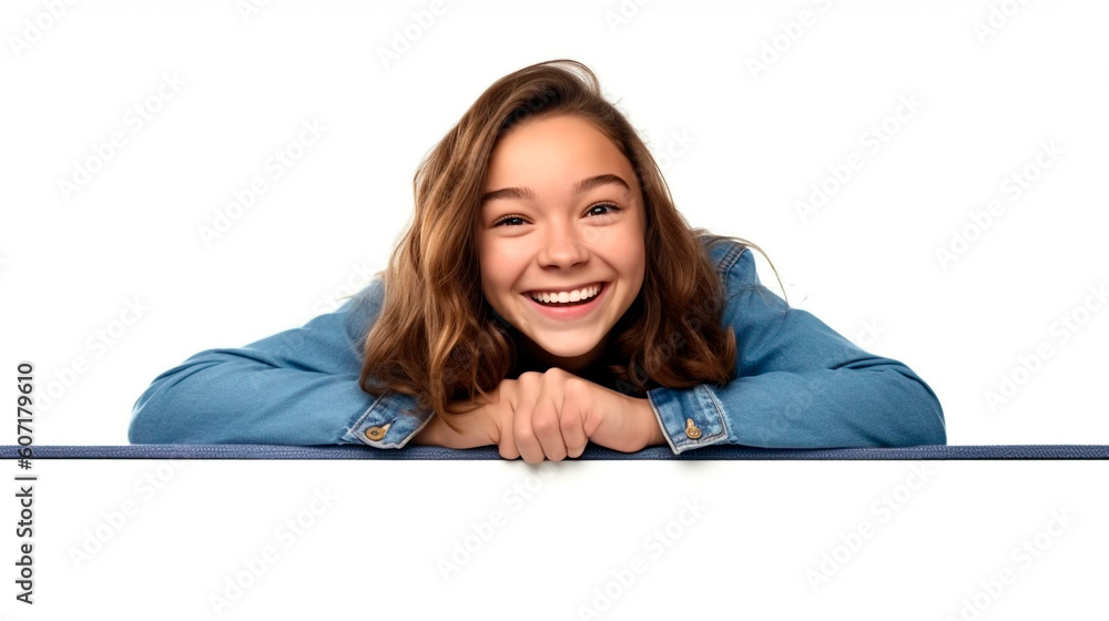 Smiling woman leaning over an empty signboard with her arms folded across her chest. Generative Ai. Smiling woman leaning over an empty signboard with her arms folded across her chest. Generative Ai.