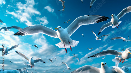 seagulls in blue sky with clouds. Generative Ai. 