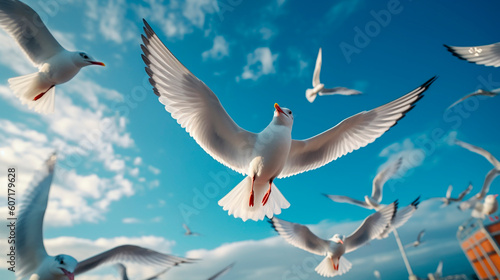 a group of seagulls in the blue sky on a sunny day. Generative Ai. 