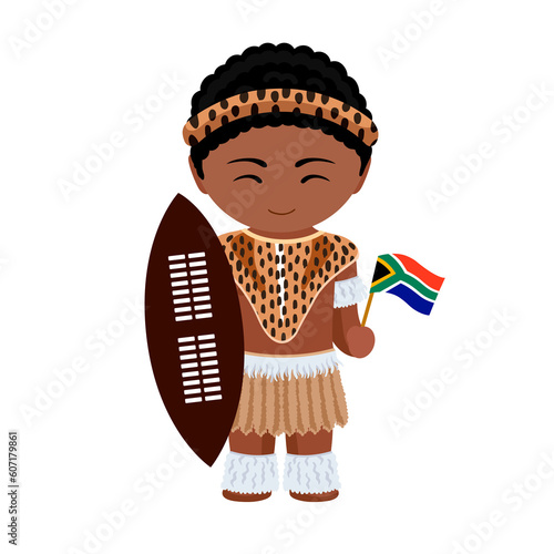 Man in Zulu tribe costume. Male cartoon character in South Africa Republic traditional ethnic clothes holding flag. Flat isolated illustration.