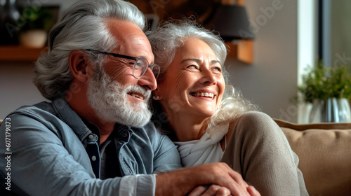 Счастливая пожилая пара сидит на диване и улыбается, держась за руки. Generative Ai. 