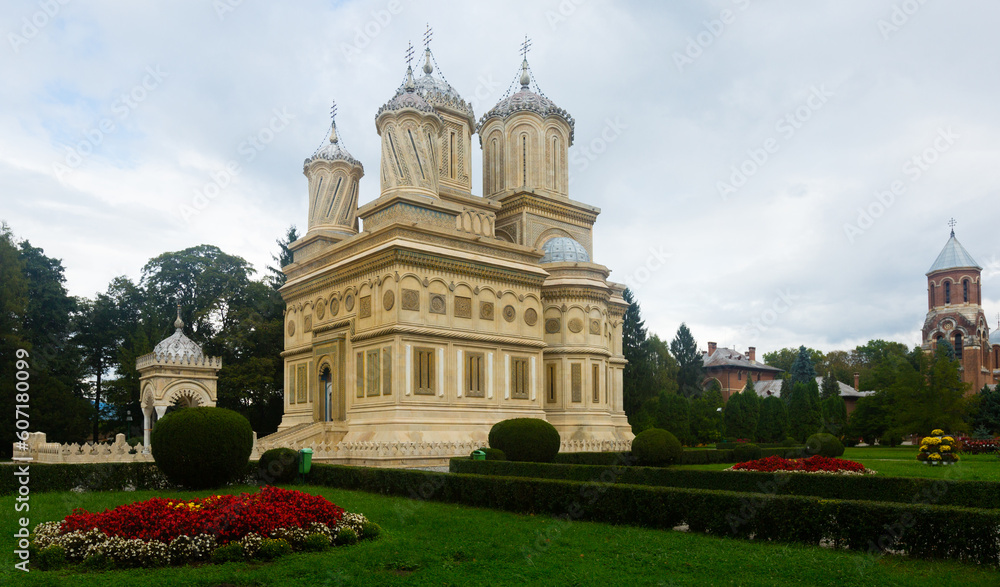 Cathedral in Curtea de Arges is architectural landmark outdoors.