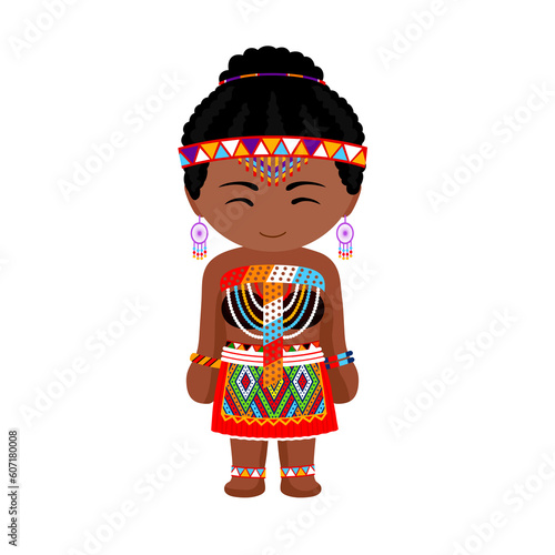 Woman in Zulu tribe african costume. Female cartoon character in South Africa Republic traditional ethnic clothes. Flat isolated illustration.