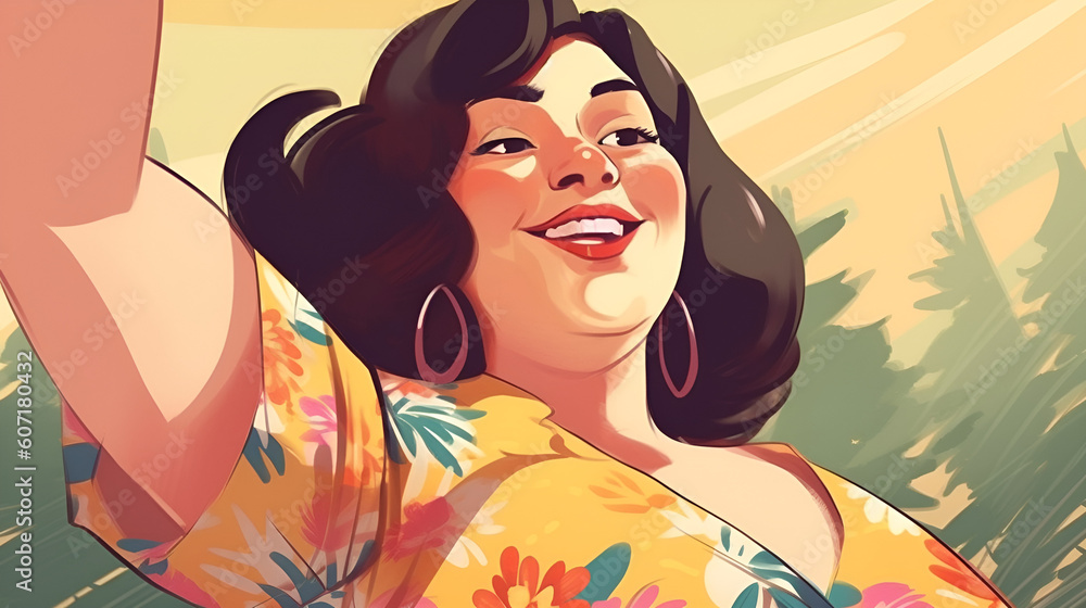 Smiling plus size woman mackung selfie. Social media body positive, commercial retro style illustration 1950s Smiling plus size woman mackung selfie. Social media body positive, commercial retro style illustration 1950s