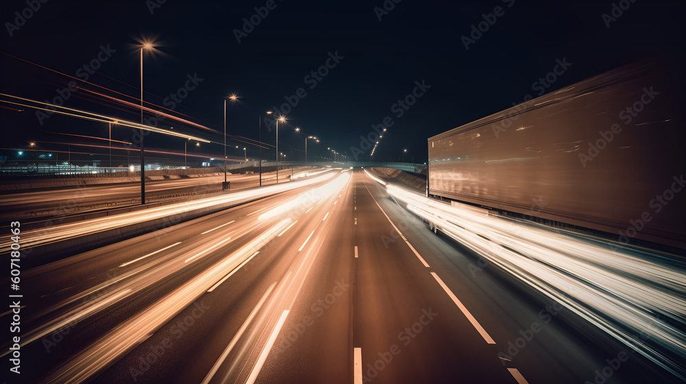 Truck driving on highway at night, car headlight light trail speed motion blur,futuristic logistic transportation background 
