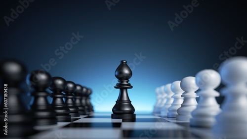 Photo 3d render, black bishop chess piece stands in the middle of the chessboard betwe