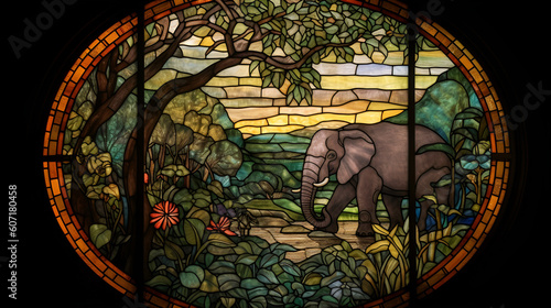 Stained glass window of a elephant in jungles