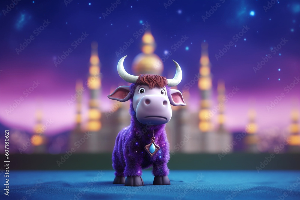 Fototapeta premium Cute bull islamic eid ul azha design created with generative ai technology