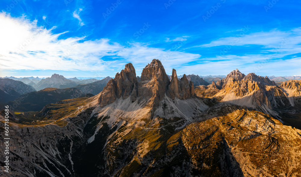 The edges of the high peaks of Tre Chime di Lavaredo at sunset.