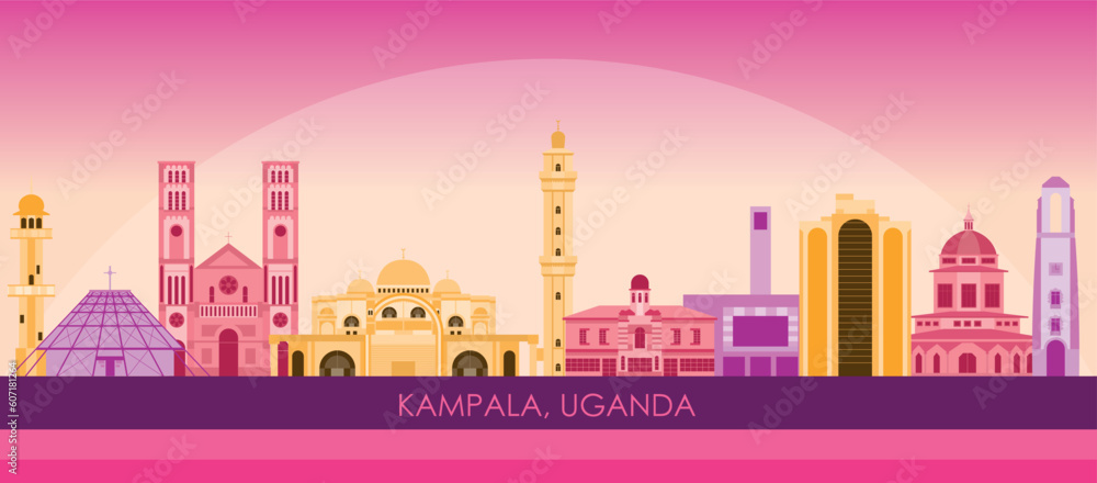 Sunset Skyline panorama of city of Kampala, Uganda - vector illustration Sunset Skyline panorama of city of Kampala, Uganda - vector illustration