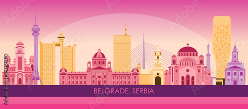 Sunset Skyline panorama of City of Belgrade, Serbia - vector illustration