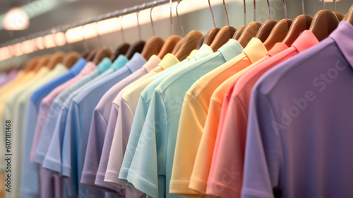 Men's collared T-shirts hanging on a rack in a clothing store. Men's clothing in pastel colors. Sale of casual clothing. Clear and illuminated image. Generative ai.