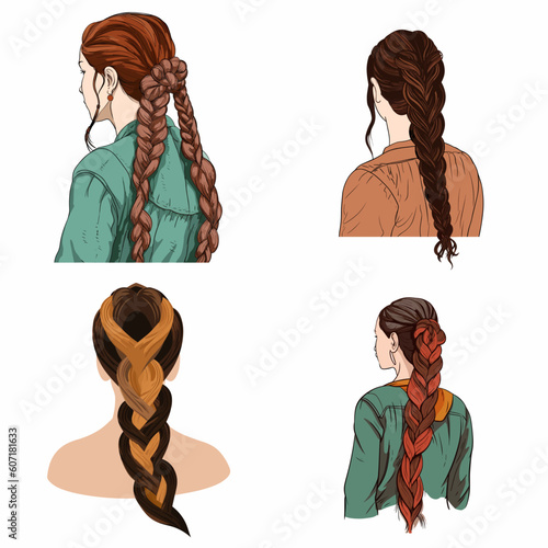 set of women, woman braids hairstyle illustrations set