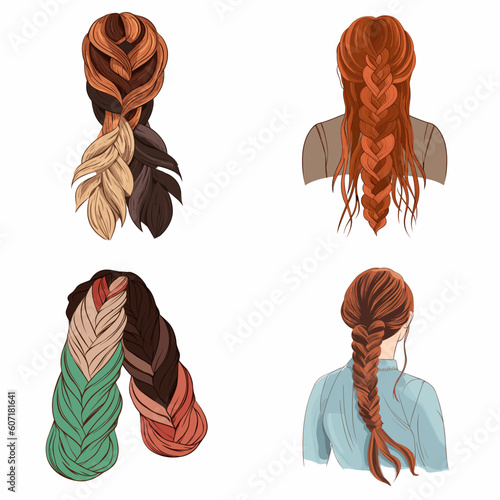 set of hair, woman braids hairstyle illustrations set