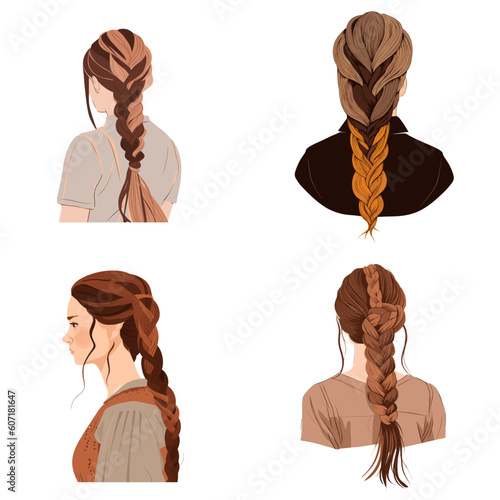 set of women, woman braids hairstyle illustrations set