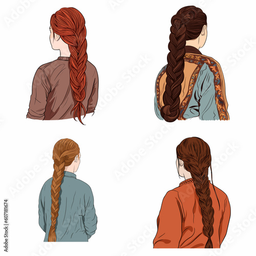 set of women, woman braids hairstyle illustrations set