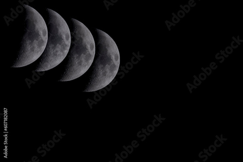 crescent moon in 4 stages setting with black background simple 