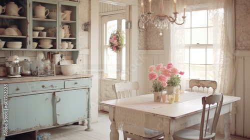 Interior design inspiration of Farmhouse Shabby Chic style home dining room loveliness decorated with Wood and Lace material and Chandelier .Generative AI home interior design .