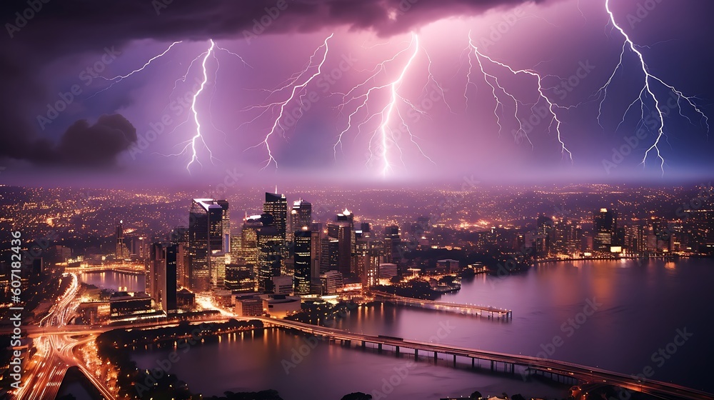 An electrifying image of a lightning storm engulfing, city An electrifying image of a lightning storm engulfing, city