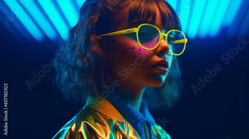 Portrait of a brunette woman with yellow sunglasses on a blue neon scene - AI Generative 