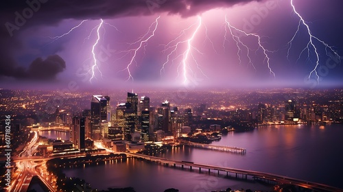 An electrifying image of a lightning storm engulfing, city