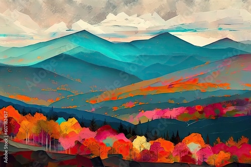 Art design of landscape painting in amazing mountain in the forest. Concept of lifestream colorful magical in beautiful village in natural background. Glorious generative AI. photo