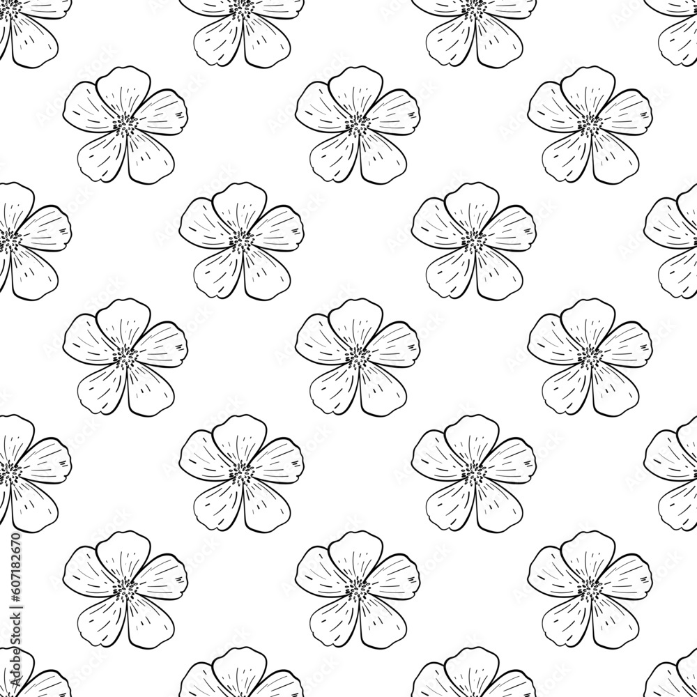 Obraz premium Abstract seamless pattern with flowers. Beautiful blossoming hand drawn flower on white background. Line art wallpaper. Vector stock illustration