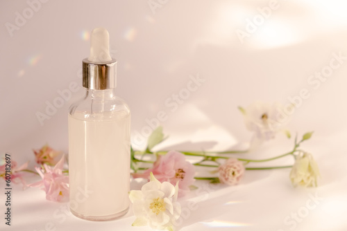 Cosmetic glass transparent bottle with dropper for hyaluronic acid and aquilegia flowers and glare from the sun.