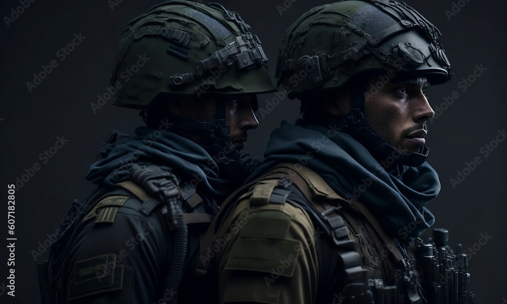 mid-section of a military soldiers, rendered in a realistic style front view close up of caucasian soldiers with a bombard jacket stand guard securing territory created with generative ai