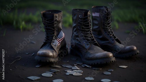 Old military combat boots and a small American flag. boots on the ground created with generative ai 