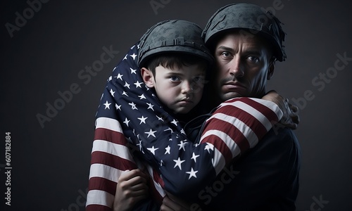 happy reunion of soldier with family, son hug father with american flag on memorial day and july 4th created with generative ai 